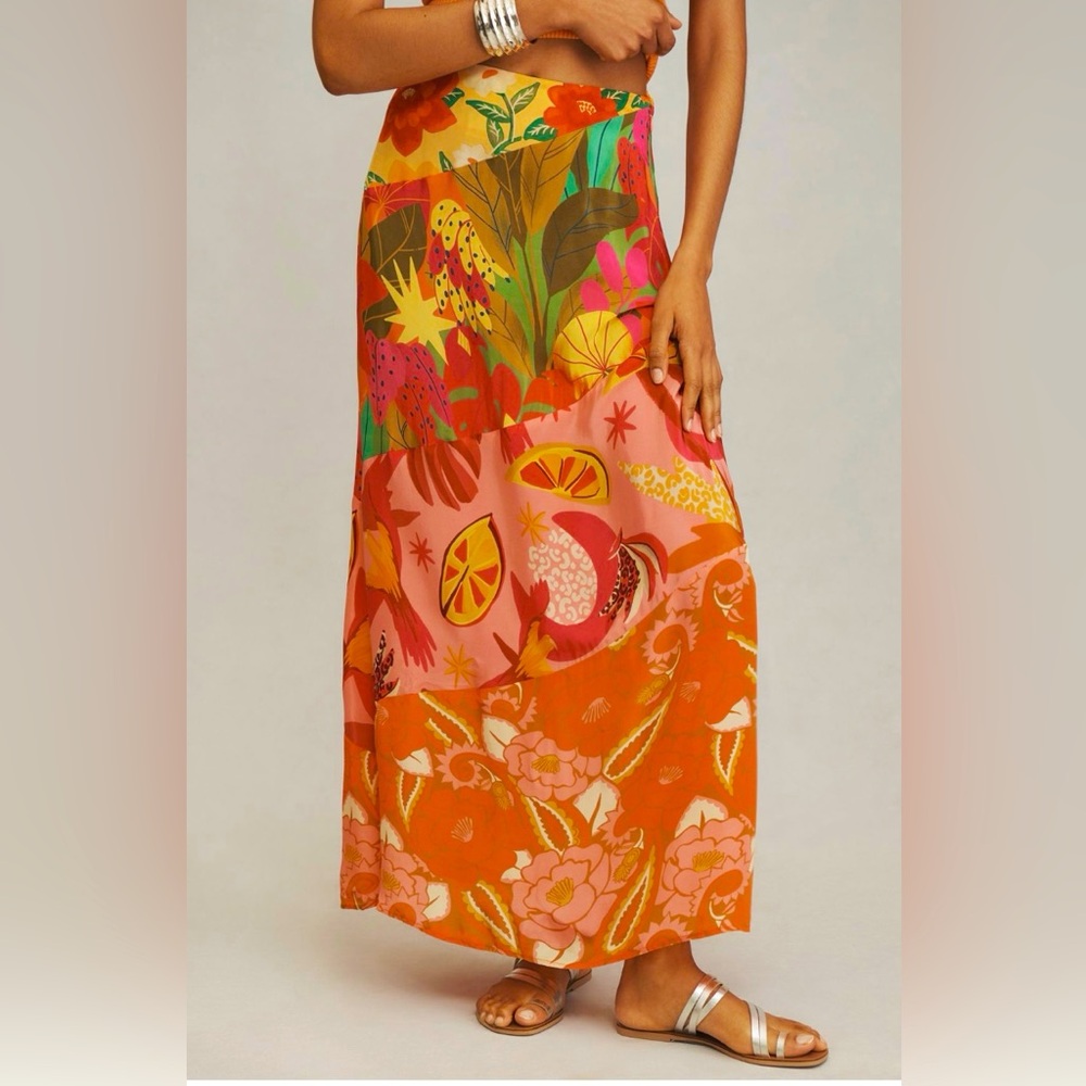 FARM RIO Silky Floral Orange Maxi Skirt - Picture 3 of 14